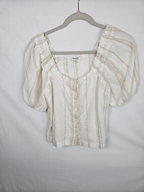 Madewell Cream and Tan Striped Puff Sleeve Button-Front Top